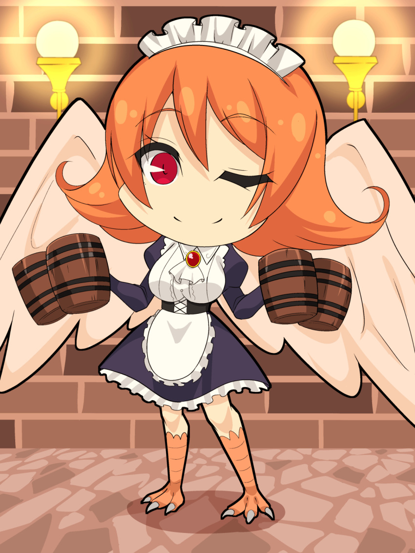 1girl, apron, ascot, bangs, bird_legs, breasts, brick_wall, byakkun_(byakkun8181), chibi, closed_mouth, dress, eyebrows_visible_through_hair, feathered_wings, flipped_hair, frilled_apron, frills, full_body, gem, harpy, highres, holding, indoors, ishuzoku_reviewers, juliet_sleeves, large_breasts, long_sleeves, looking_at_viewer, maid_headdress, meidri, monster_girl, one_eye_closed, orange_hair, puffy_sleeves, red_eyes, short_hair, smile, solo, standing, waist_apron, white_apron, wings