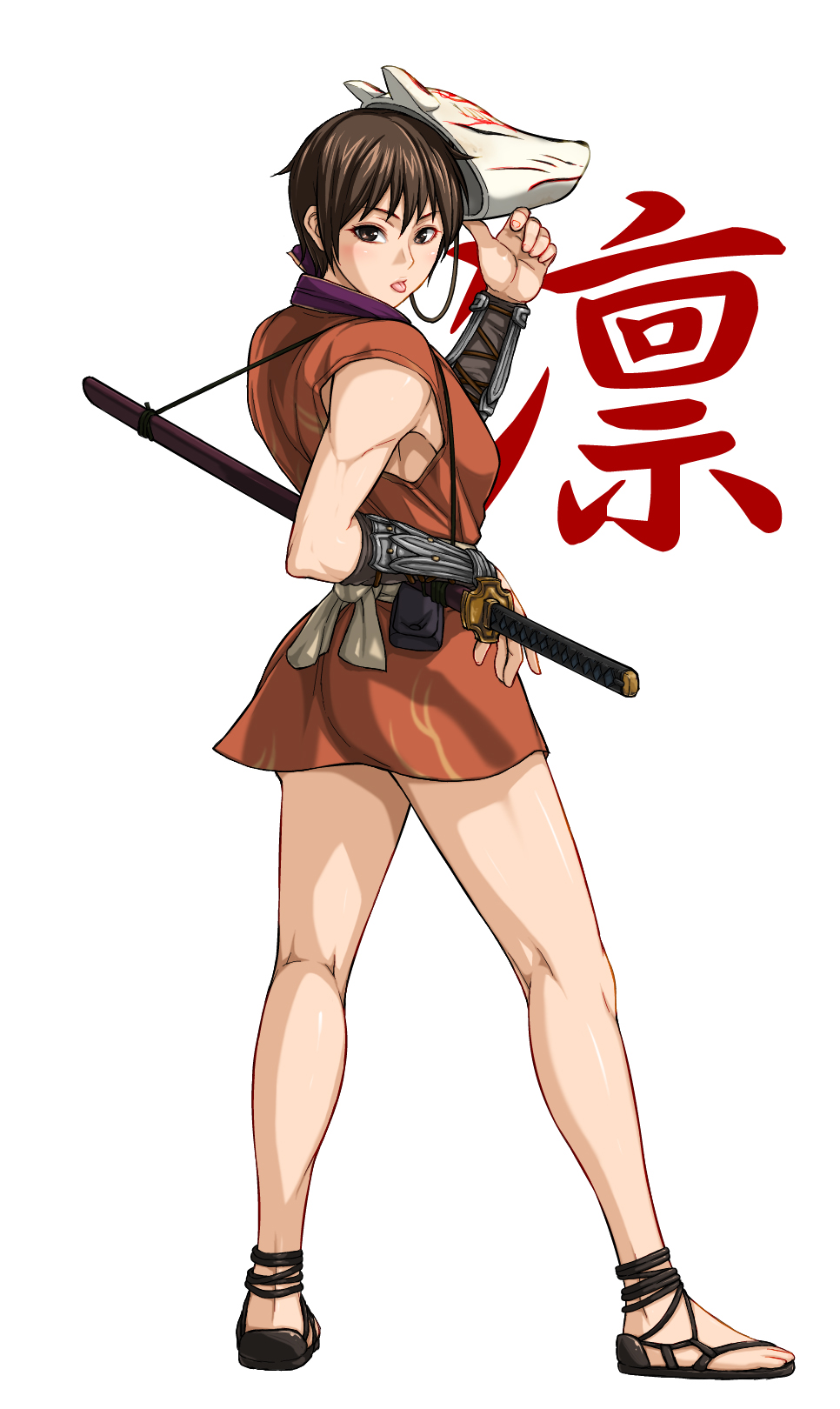 1girl, :p, bouningen, breasts, brown_eyes, brown_hair, fox_mask, full_body