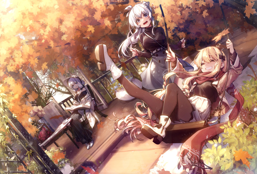 3girls, 909089089, absurdres, armchair, autumn, autumn_leaves, azur_lane, black_legwear