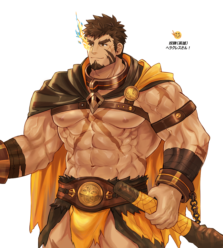 1boy, abs, bara, beard, belt, brown_hair, cape, chain