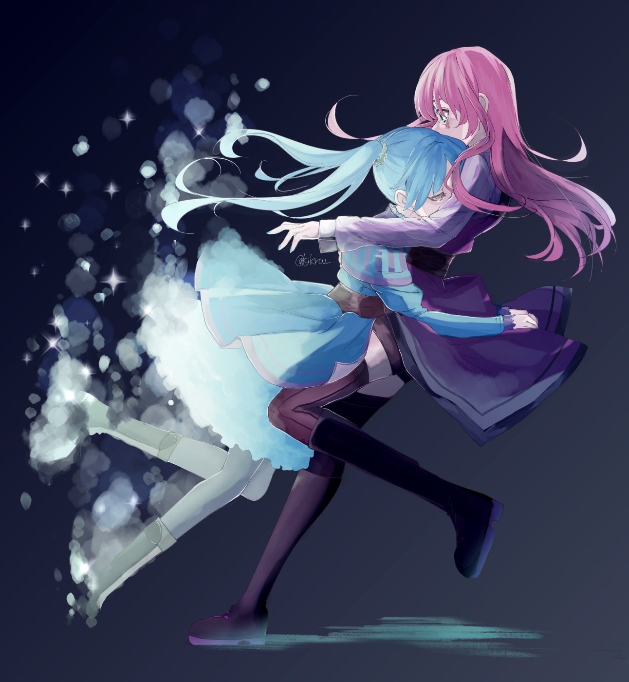 2girls, arms_around_waist, avant-garde_(module), blue_capelet, blue_dress, blue_eyes, blue_hair, boots, capelet, commentary, dissolving, dress, half-closed_eyes, hatsune_miku, head_in_chest, highres, hug, knee_boots, lady-ichiko, layered_dress, leg_up, long_hair, megurine_luka, multiple_girls, pink_hair, project_diva_(series), purple_footwear, purple_legwear, purple_vest, successor_(module), surprised, thigh-highs, twintails, twitter_username, vest, vocaloid, wide-eyed, yuri, zettai_ryouiki