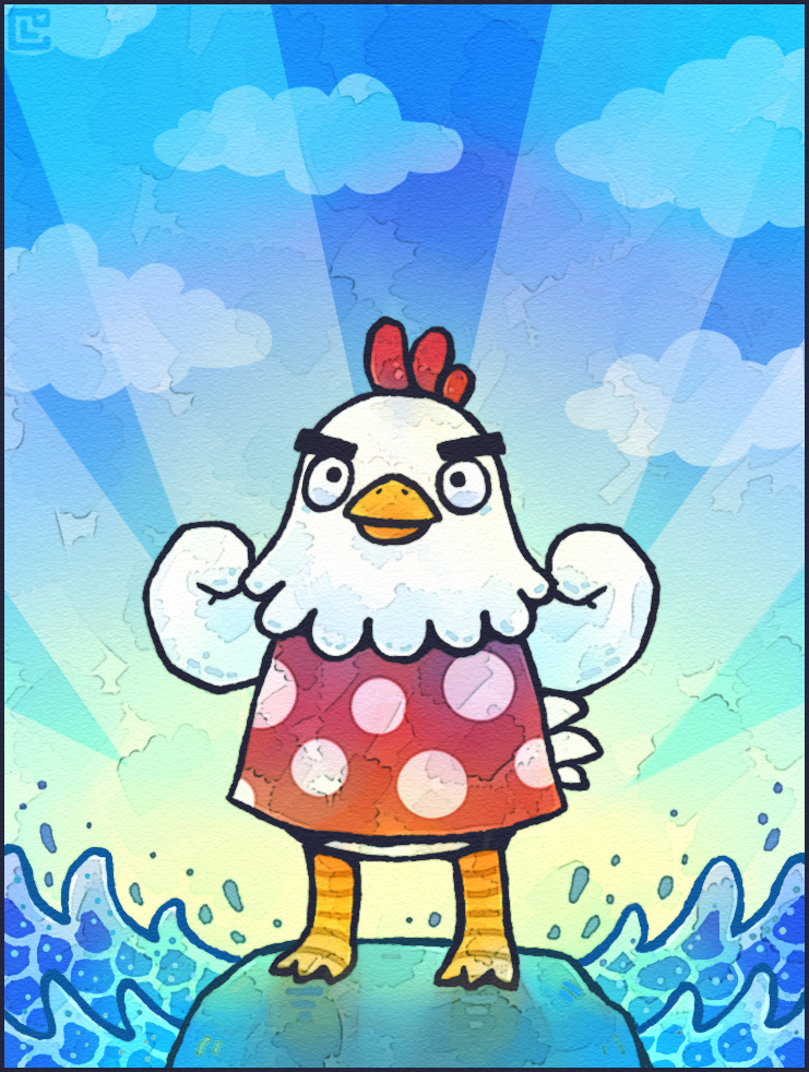 1boy, bird, chicken, clouds, doubutsu_no_mori, kenta_(doubutsu_no_mori), louivi, sky, solo, water