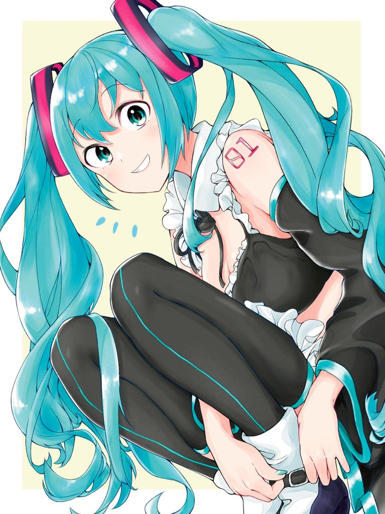 adjusting_belt, aqua_eyes, aqua_hair, bare_shoulders, belt, black_legwear, black_skirt, black_sleeves