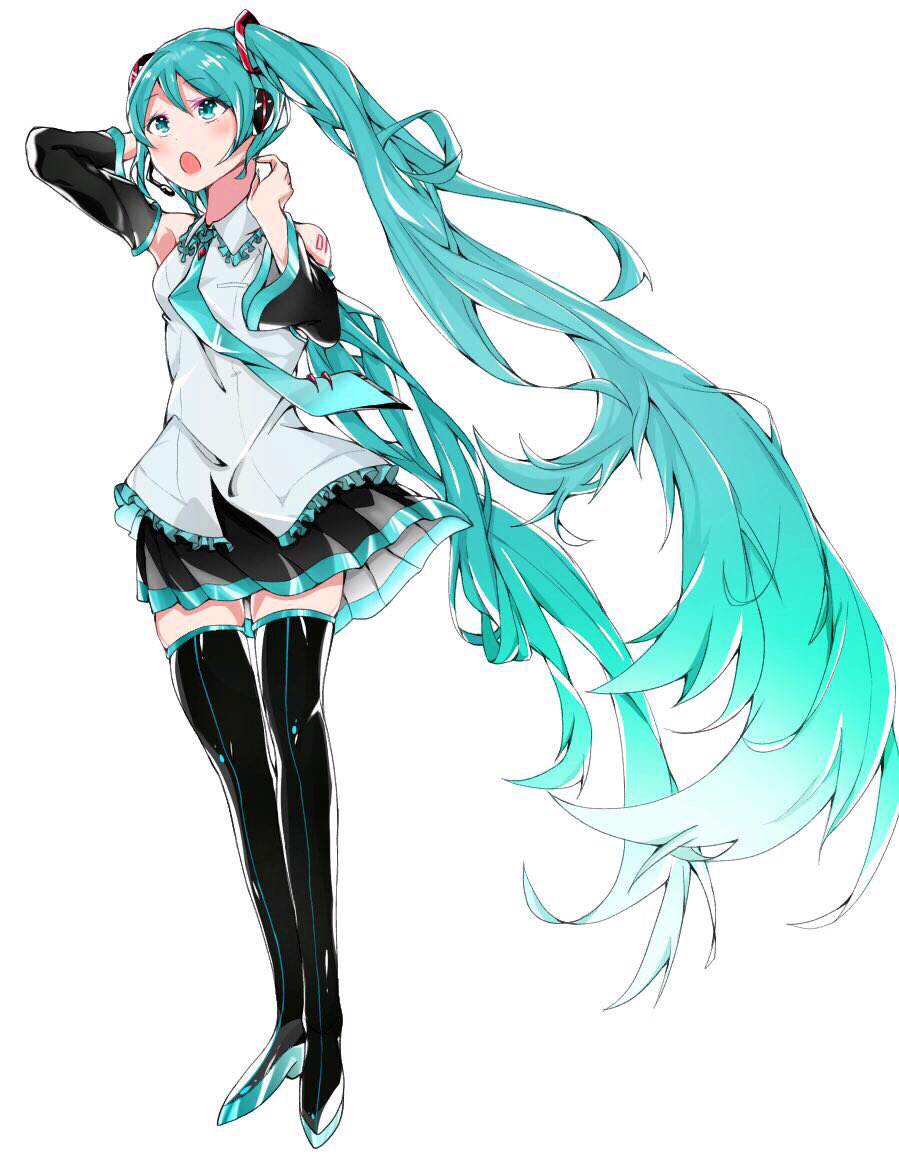aqua_eyes, aqua_hair, aqua_nails, aqua_neckwear, bare_shoulders, black_legwear, black_skirt, black_sleeves