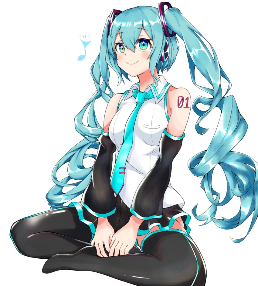 1girl, aqua_eyes, aqua_hair, aqua_neckwear, bare_shoulders, black_legwear, black_skirt, black_sleeves