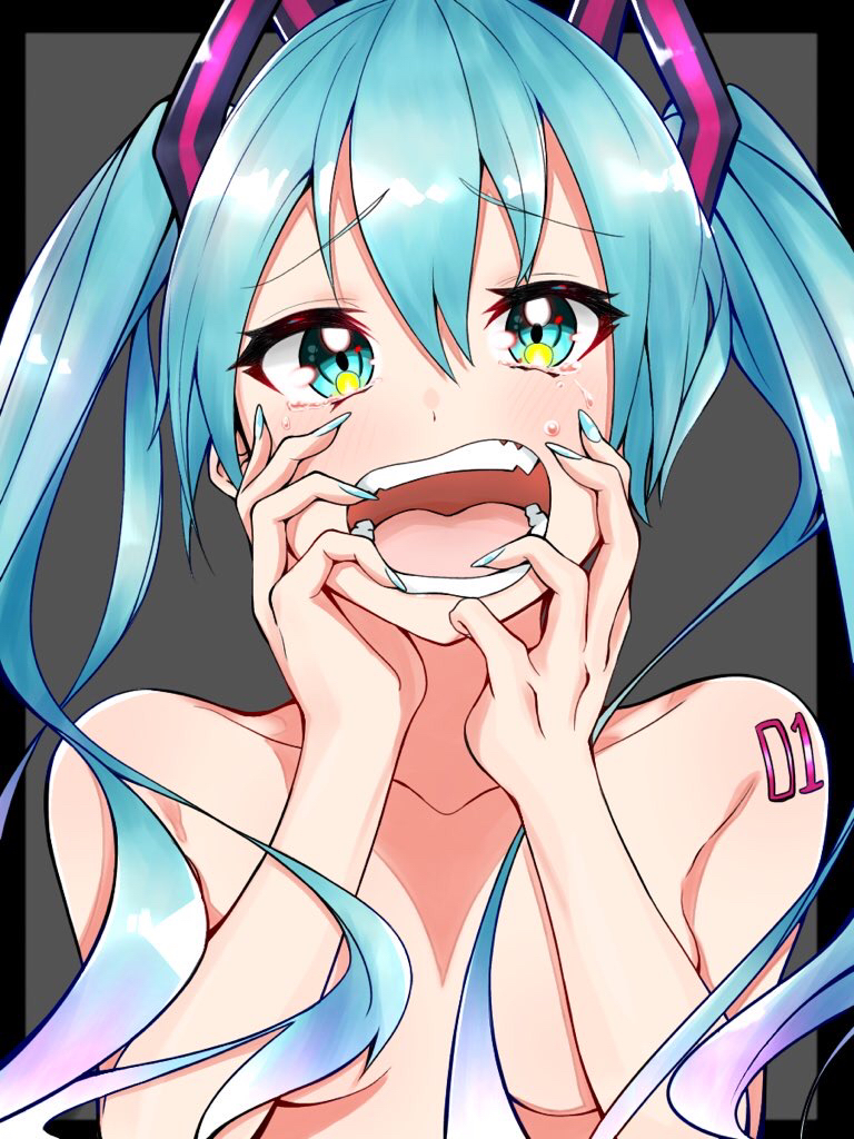 1girl, aqua_eyes, aqua_hair, aqua_nails, blush, breasts, commentary, crying, furrowed_eyebrows, grey_background, hair_ornament, hand_on_own_cheek, hatsune_miku, koba_cha, long_hair, looking_at_viewer, nail_polish, nude, open_mouth, shoulder_tattoo, small_breasts, solo, tattoo, tears, twintails, upper_body, vocaloid