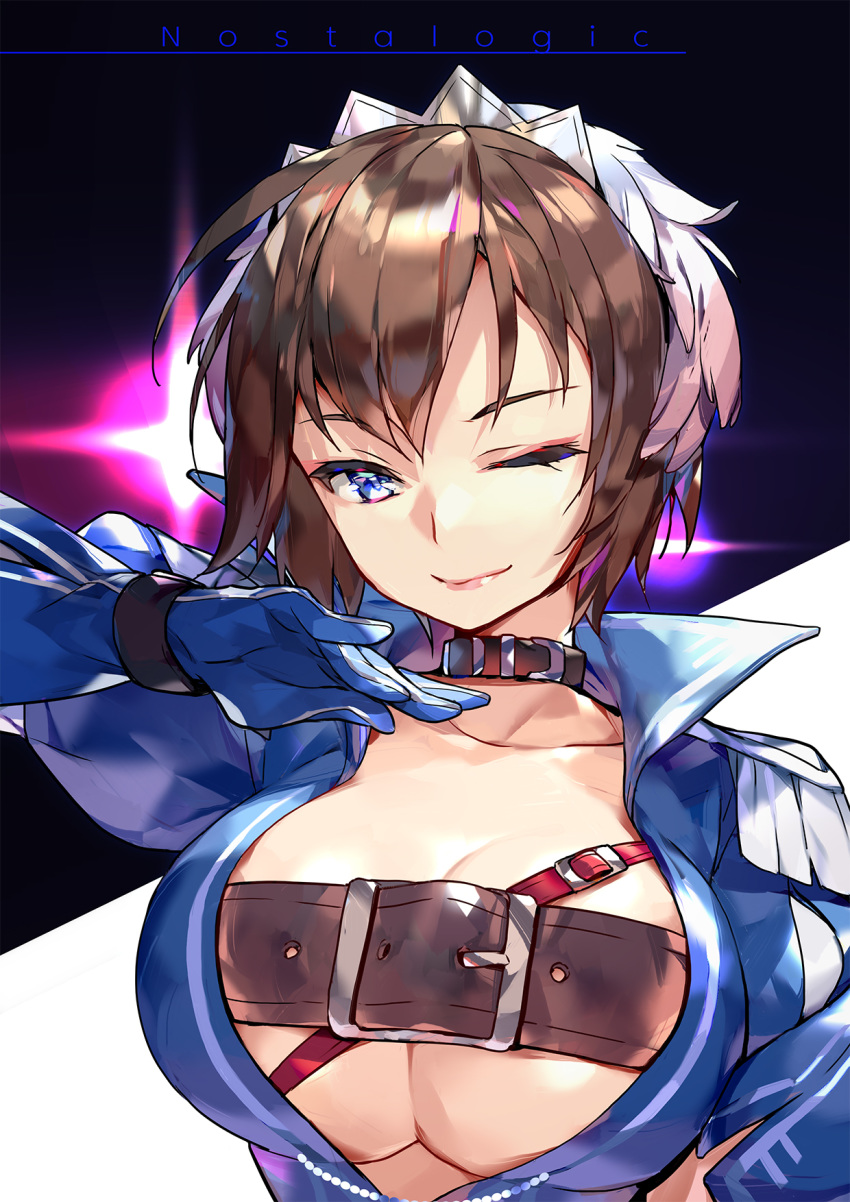 1girl, belt, belt_collar, blue_eyes, blue_jacket, breasts, brown_hair, collar, commentary, english_commentary, epaulettes, feathers, hand_up, highres, jacket, karpin, large_breasts, lipstick, looking_at_viewer, makeup, meiko, nostalogic_(vocaloid), one_eye_closed, open_clothes, open_jacket, short_hair, smile, solo, song_name, spotlight, tiara, upper_body, vocaloid