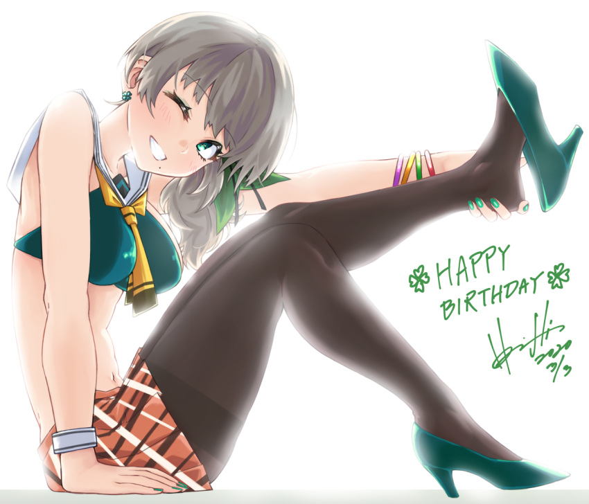 1girl, backlighting, black_legwear, bracelet, commentary_request, earrings, four-leaf_clover_earrings, full_body