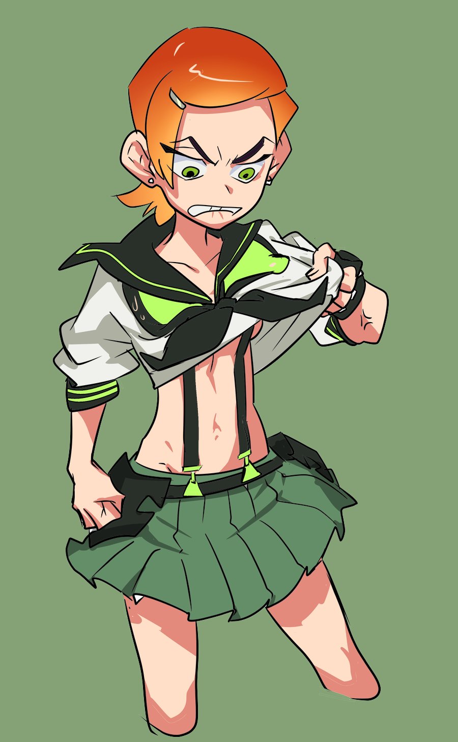 1girl, angry, ben_10, clenched_hand, collarbone, earrings, eyes_visible_through_hair, green_background