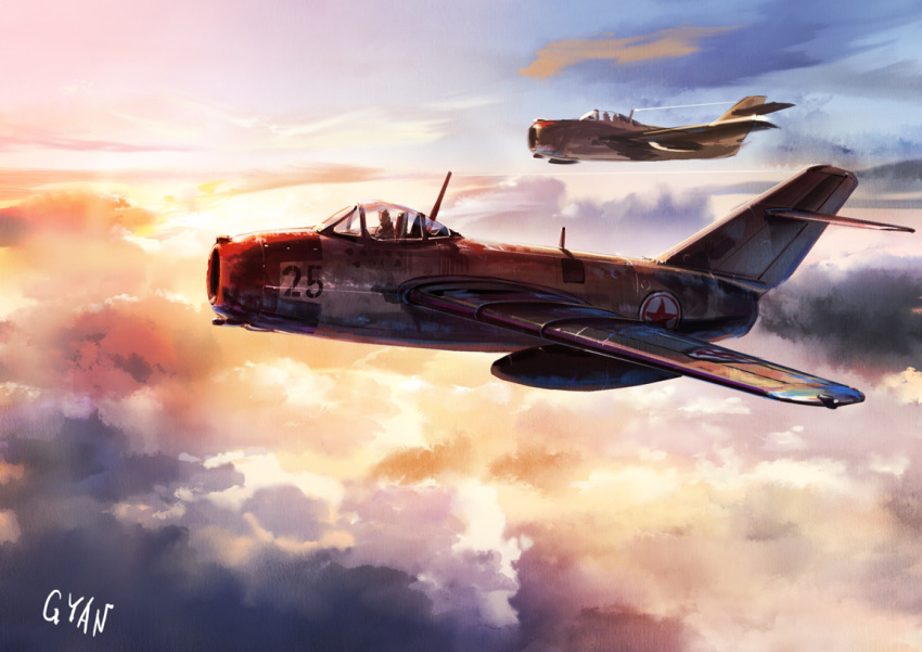aircraft, airplane, clouds, day, fighter_jet, flying, graphite_(medium), gyan_(akenosuisei), helmet, jet, mig-15, military, military_vehicle, original, pilot, pilot_suit, scenery, sky, traditional_media