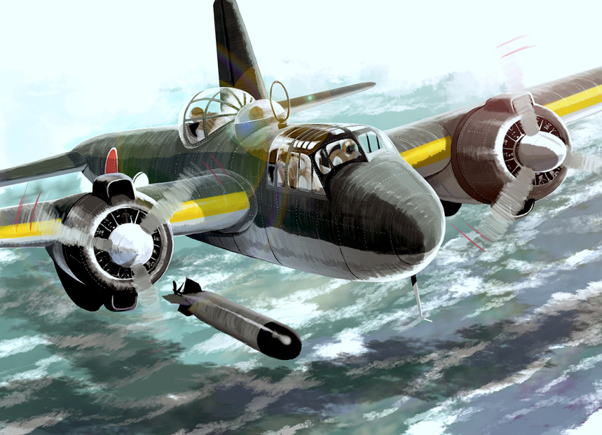 aircraft, airplane, calligraphy_brush_(medium), day, flying, imperial_japanese_navy, matsuda_juukou, military