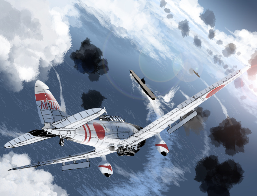 aircraft, aircraft_carrier, airplane, antiaircraft_weapon, battle, bomb, calligraphy_brush_(medium), d3a, dive_bomber, explosion, flak, flight_deck, highres, imperial_japanese_navy, matsuda_juukou, military, military_vehicle, millipen_(medium), ocean, original, outdoors, propeller, ship, sky, traditional_media, war, warship, watercraft, world_war_ii