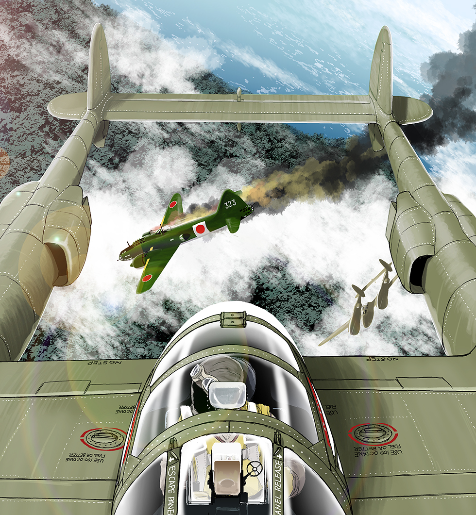 aircraft, airplane, bomber, calligraphy_brush_(medium), clouds, cockpit, damaged, fire