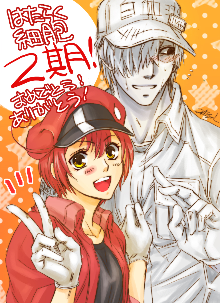 1boy, 1girl, :d, ae-3803, ahoge, bangs, baseball_cap, black-shirt