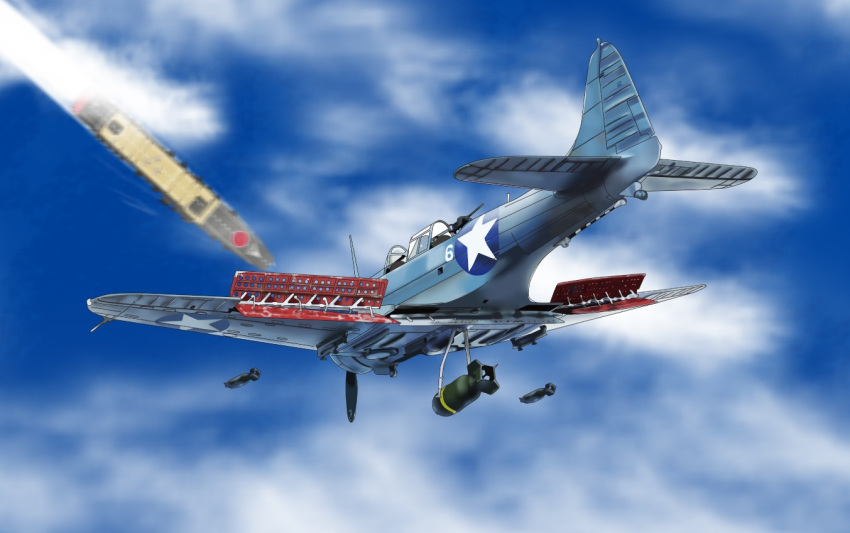 aircraft, aircraft_carrier, airplane, battle, battle_of_midway, bomb, clouds, dive_bomber