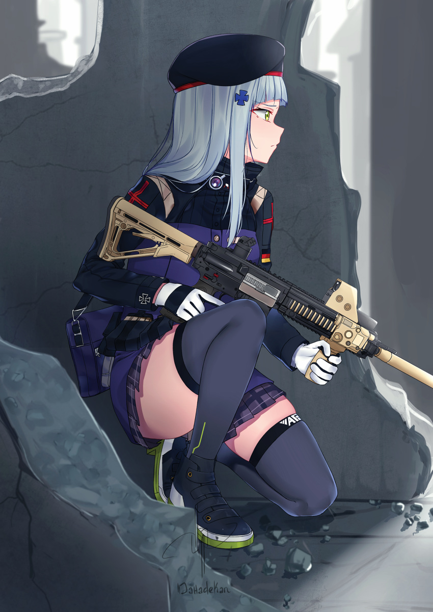 1girl, absurdres, assault_rifle, black_legwear, dahadekan, day, full_body, german_flag