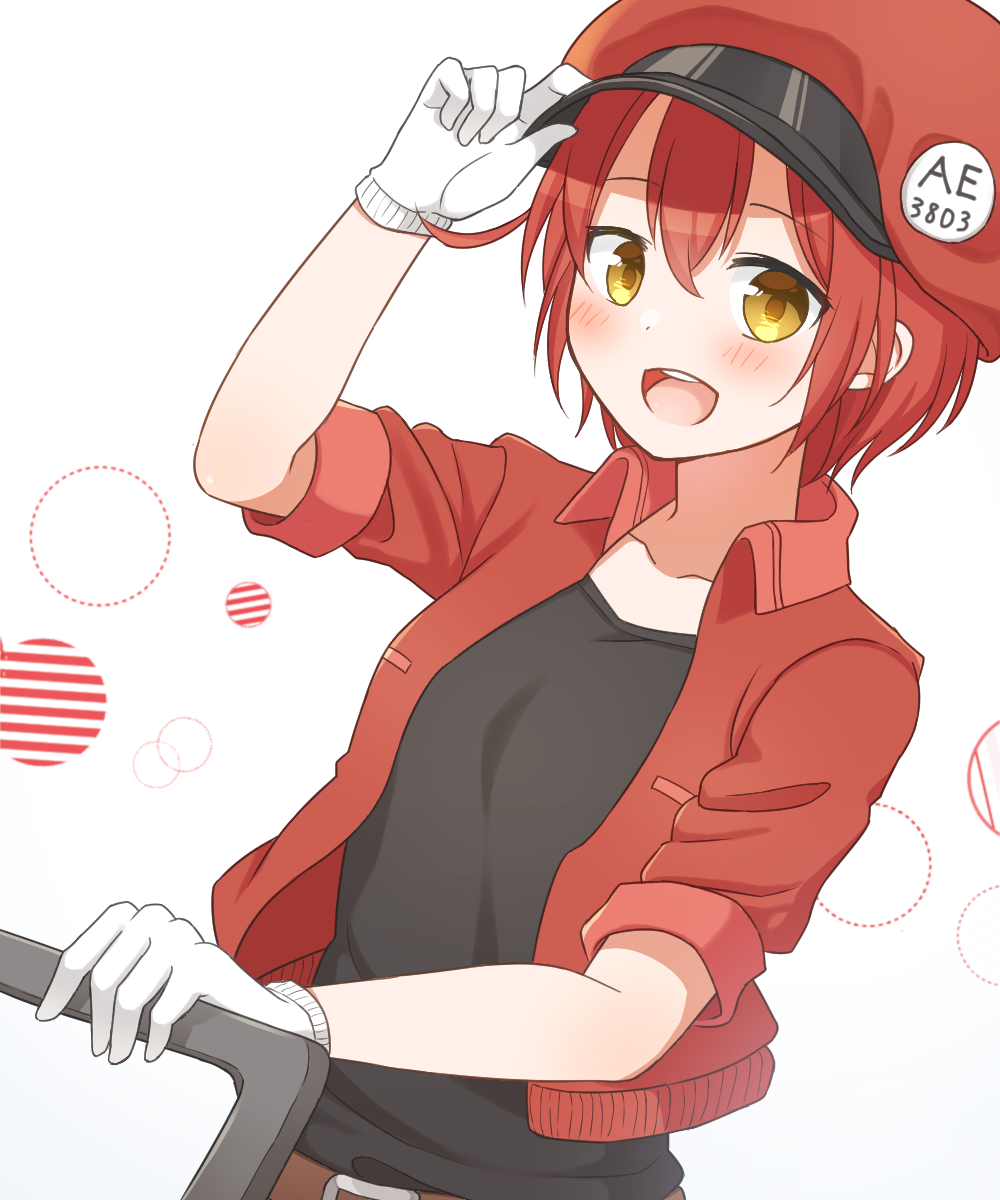 1girl, :d, ae-3803, ahoge, bangs, belt, black_shirt, blush