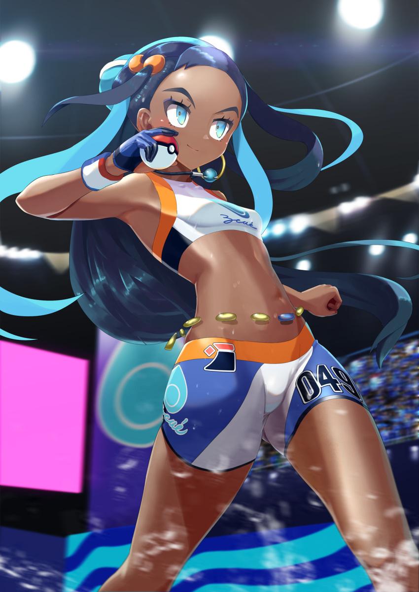 1girl, action, autism_wanderer, belly_chain, black_hair, blue_eyes, blue_gloves, blue_hair