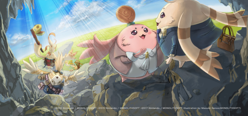 1girl, 4boys, artist_request, bag, business_suit, day, dutch_angle, formal, goggles, goggles_on_head, highres, hood, monolith_soft, monopon, multiple_boys, nopon, official_art, outdoors, pink_fur, pouch, riki_(xenoblade), rock, suit, sunlight, tatsu_(xenoblade_x), tora_(xenoblade), weapon, xenoblade_(series), xenoblade_1, xenoblade_2, xenoblade_chronicles_x