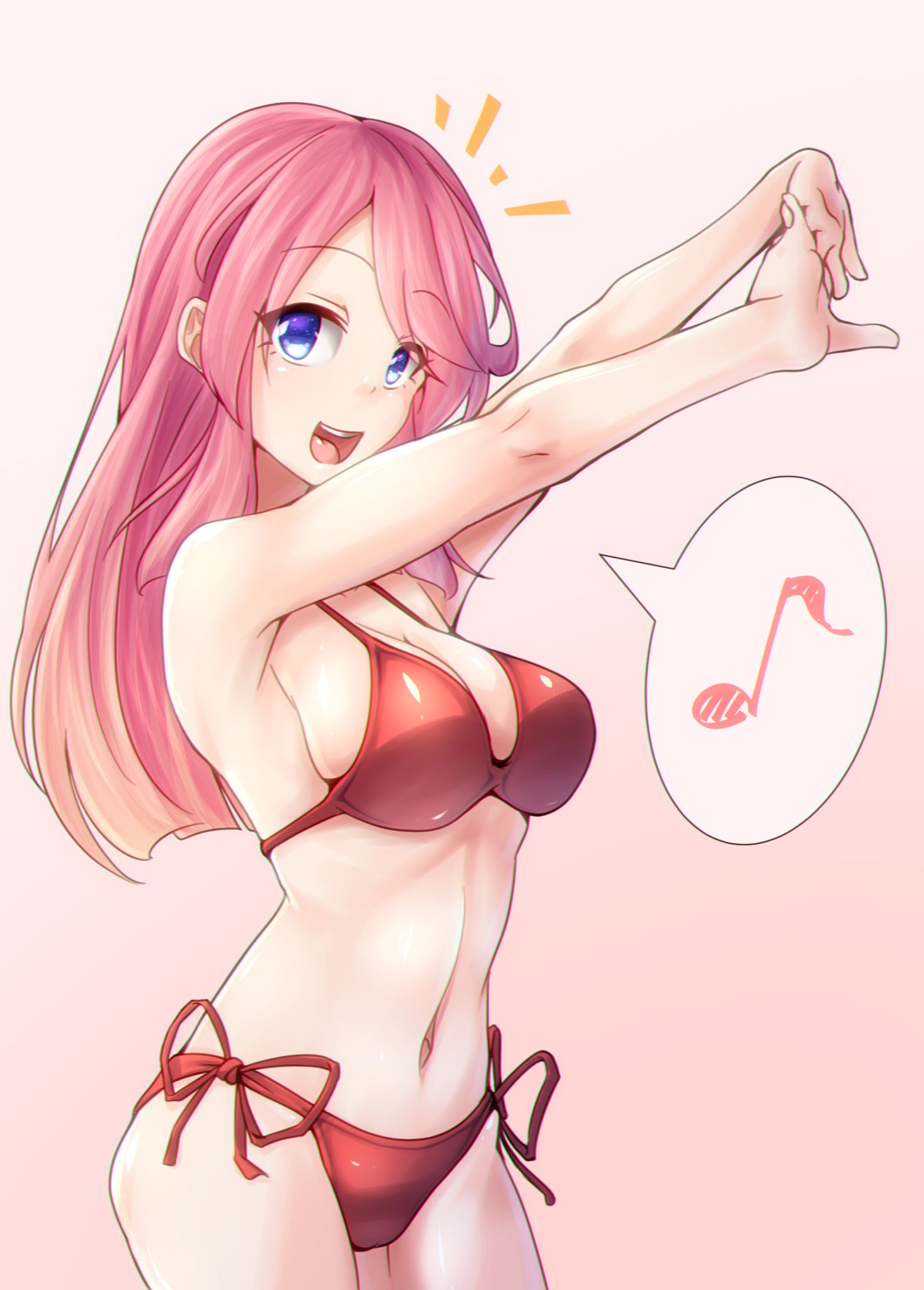 1girl, bikini, breasts, commentary_request, contrapposto, cowboy_shot, eighth_note, gradient, gradient_background, highres, long_hair, looking_at_viewer, medium_breasts, musical_note, nanasshii, navel, open_mouth, pink_background, power_pro_kun_pocket_9, red_bikini, round_teeth, side-tie_bikini, smile, solo, spoken_musical_note, standing, stretch, swimsuit, teeth, upper_teeth, white_background, yamashita_takako