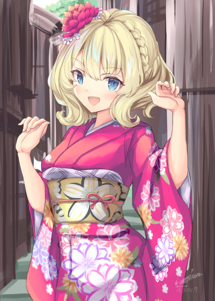 1girl, blonde_hair, blue_eyes, blush, breasts, colorado_(kantai_collection), eyebrows_visible_through_hair, floral_print