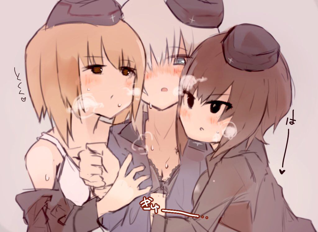 3girls, bangs, blush, brown_eyes, brown_hair, dress_shirt, girls_und_panzer, grey_shirt, itsumi_erika, kuromorimine_school_uniform, long_hair, long_sleeves, multiple_girls, nishizumi_maho, nishizumi_miho, organizer00, school_uniform, shirt, short_hair, skirt, uniform, yuri