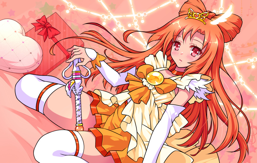 1girl, arm_warmers, bow, bow_by_hair, brooch, choker, cure_sunny, dutch_angle
