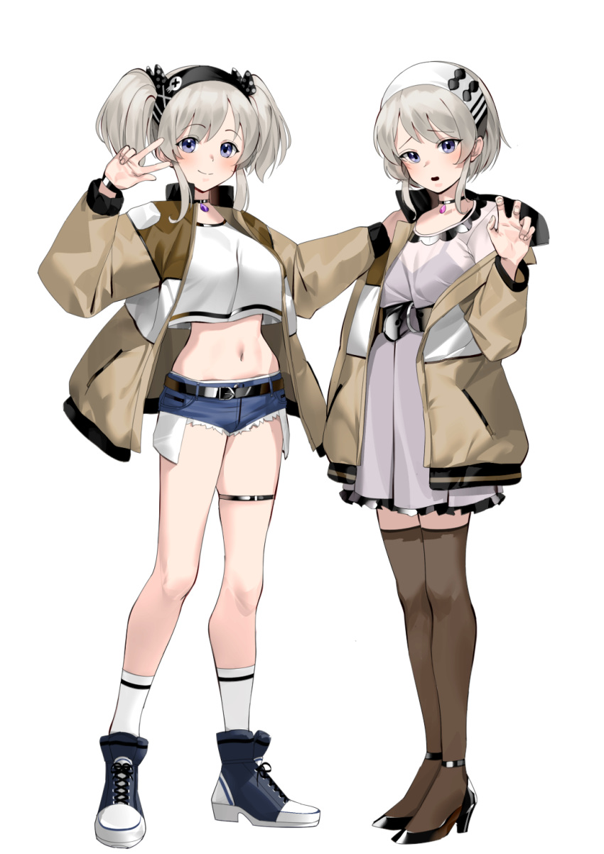 2girls, :0, bangs, bare_thighs, belt, black_choker, black_footwear, black_hairband