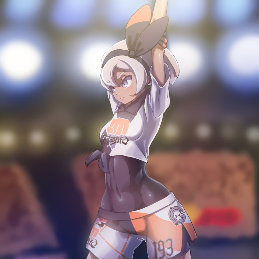 1girl, abs, arms_up, bangs, black_bodysuit, black_hairband, blurry, blurry_background