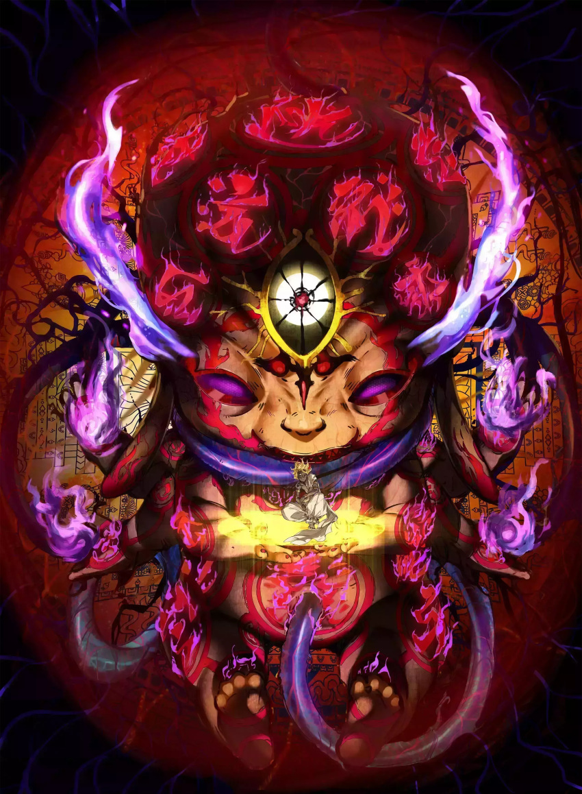 1boy, absurdres, armlet, barefoot, black_sclera, blonde_hair, bracelet, dark_skin