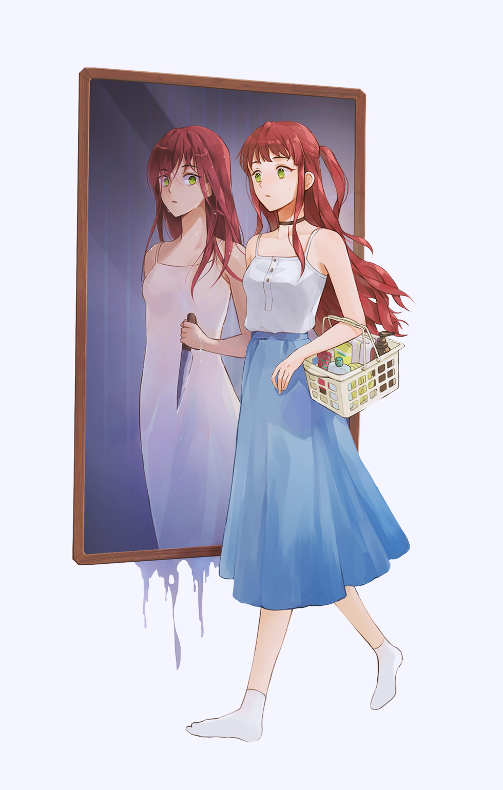 1girl, basket, black_choker, blue_dress, blue_skirt, breasts, choker, different_reflection