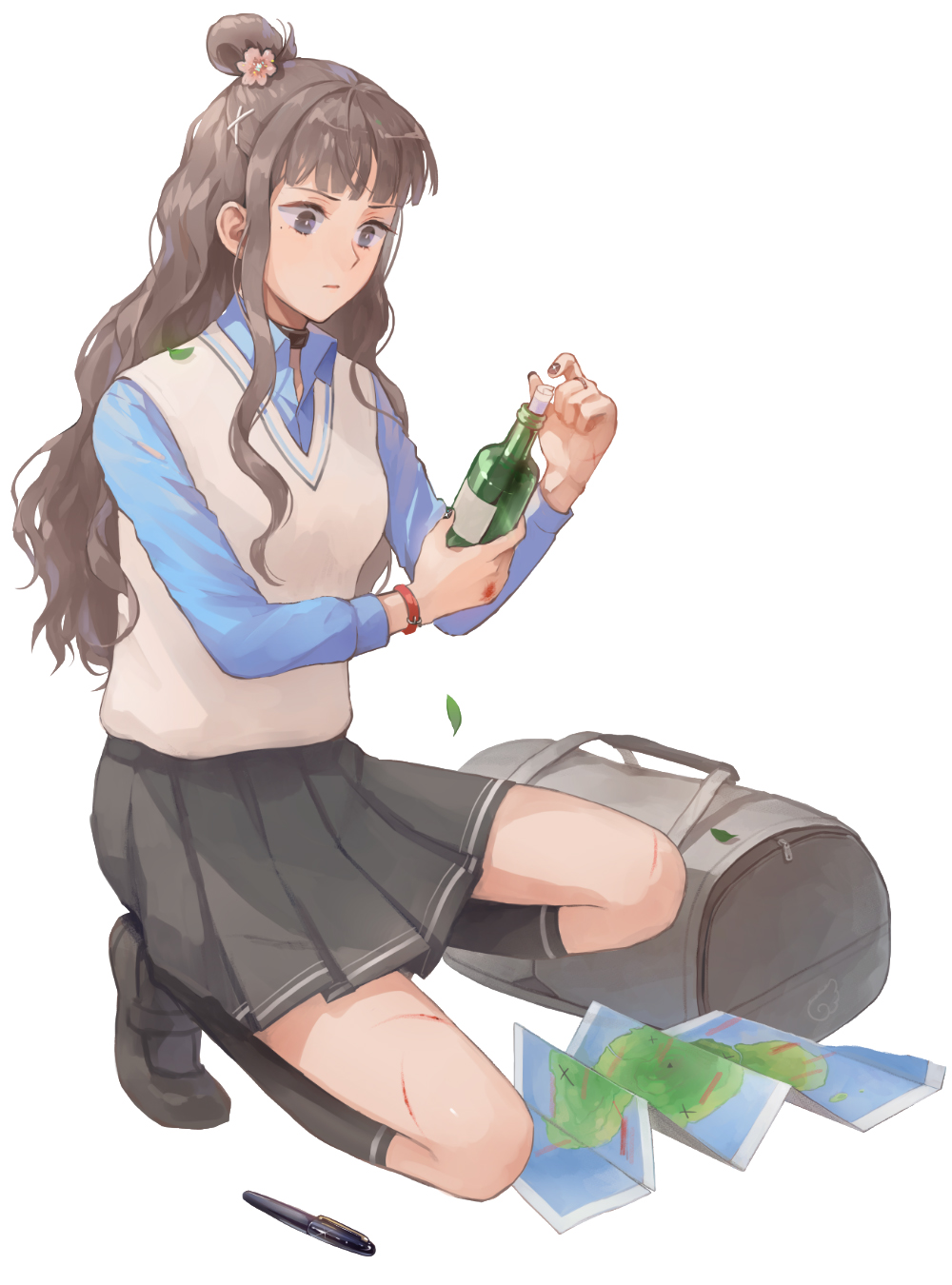 1girl, bag, bangs, black_choker, black_nails, black_skirt, bleeding, blood