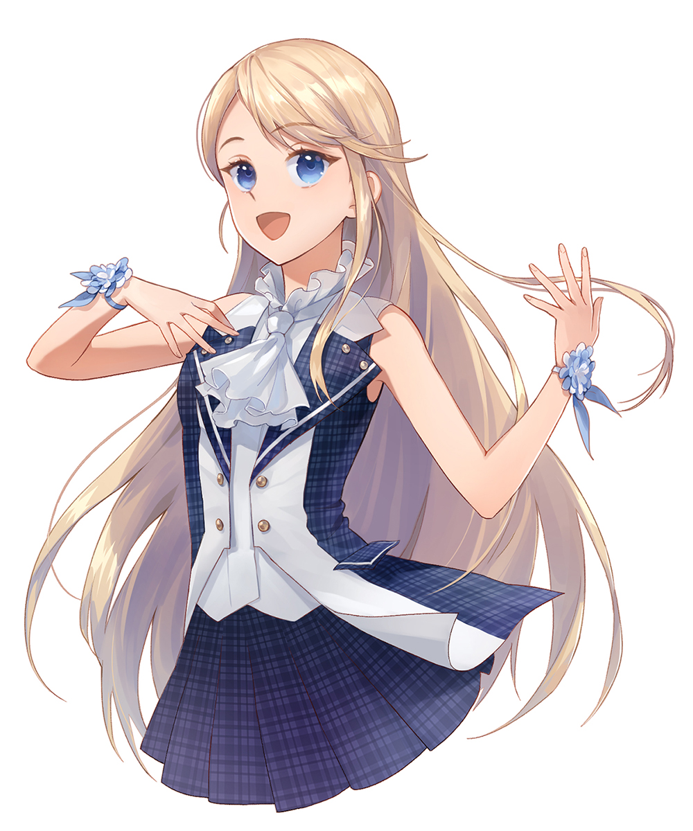 1girl, :d, blue_dress, blue_eyes, commission, dress, hand_up, highres