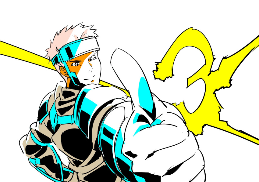 1boy, 3, armor, closed_mouth, countdown, forehead_protector, foreshortening, highres