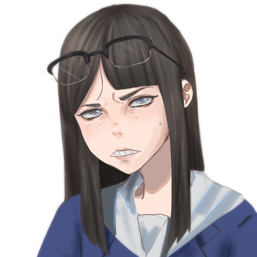 1girl, absurdres, asymmetrical_bangs, bangs, blazer, blue_eyes, blue_jacket, brown_hair