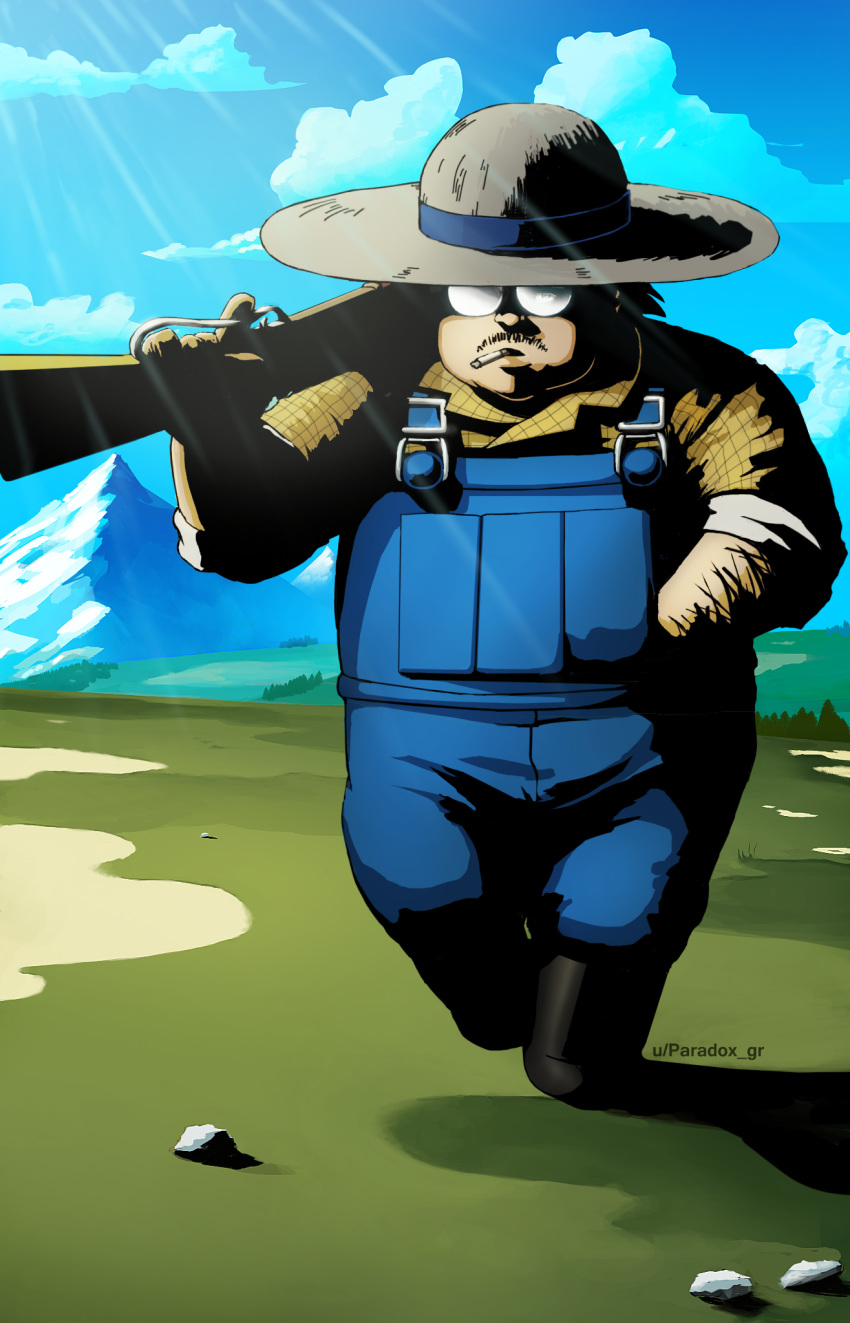 1boy, black_footwear, blue_overalls, blue_sky, boots, cigarette, clouds, cloudy_sky
