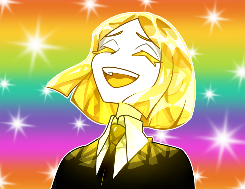 1other, :d, black_jacket, black_neckwear, blonde_hair, collared_shirt, commentary, crystal_hair