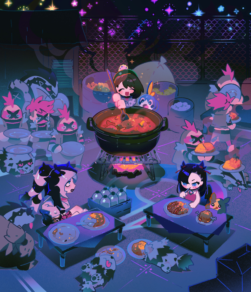 absurdres, black_hair, chibi, cooking, curry, eating, food, galarian_linoone