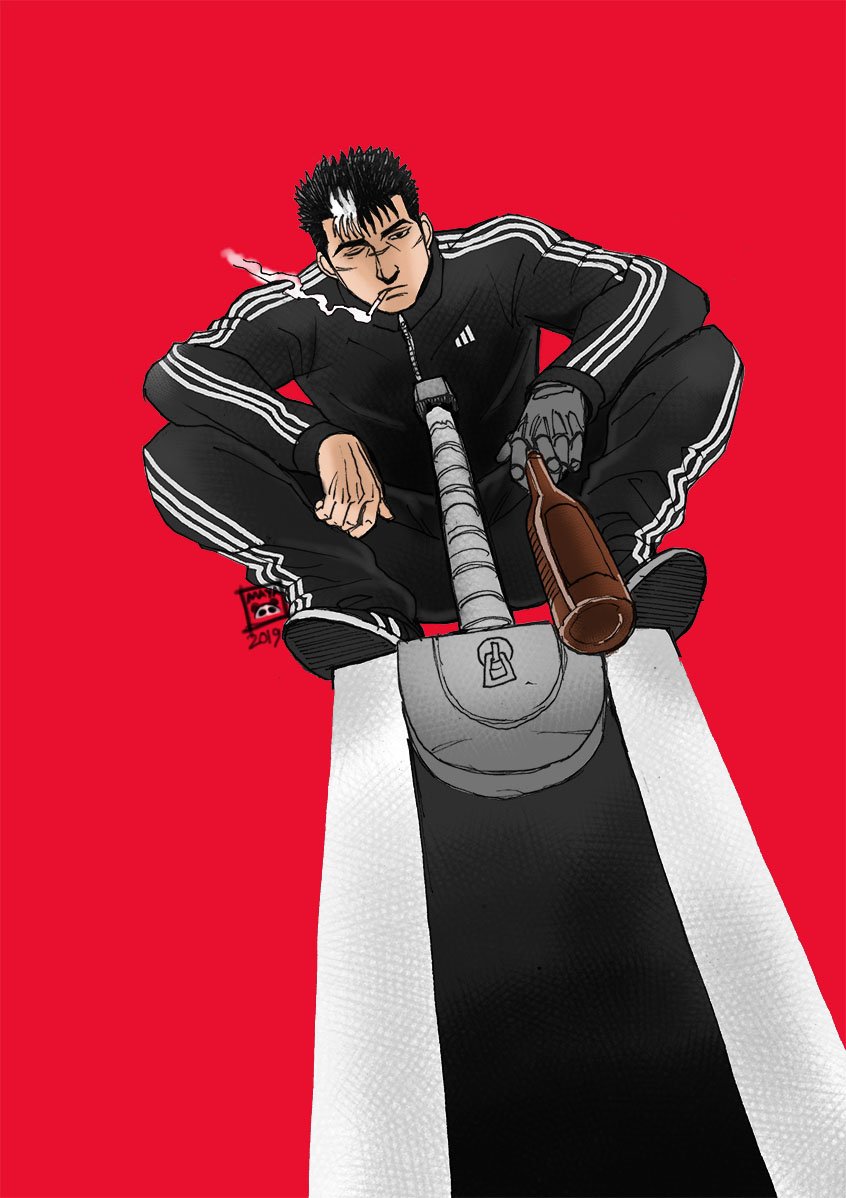 1boy, beer_bottle, berserk, black_eyes, black_footwear, black_jacket, black_pants, bottle