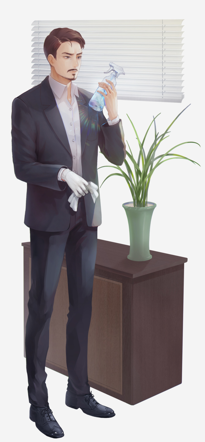 1boy, absurdres, black_footwear, black_pants, black_suit, blinds, brown_eyes, brown_hair