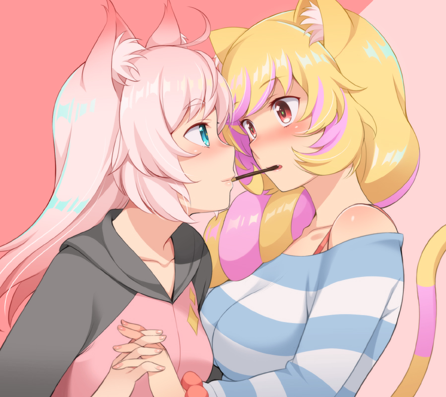 2girls, animal_ears, blonde_hair, blue_eyes, blush, bra_strap, breasts, cat_ears