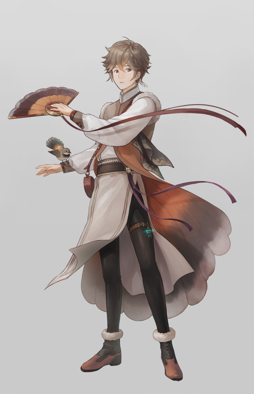 1boy, animal_on_arm, artist_name, bag, bird, bird_on_arm, black_legwear, boots