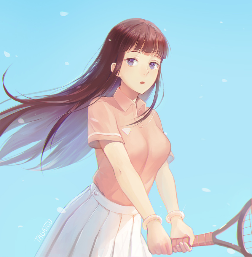 1girl, bangs, blue_eyes, blunt_bangs, breasts, brown_hair, day, highres