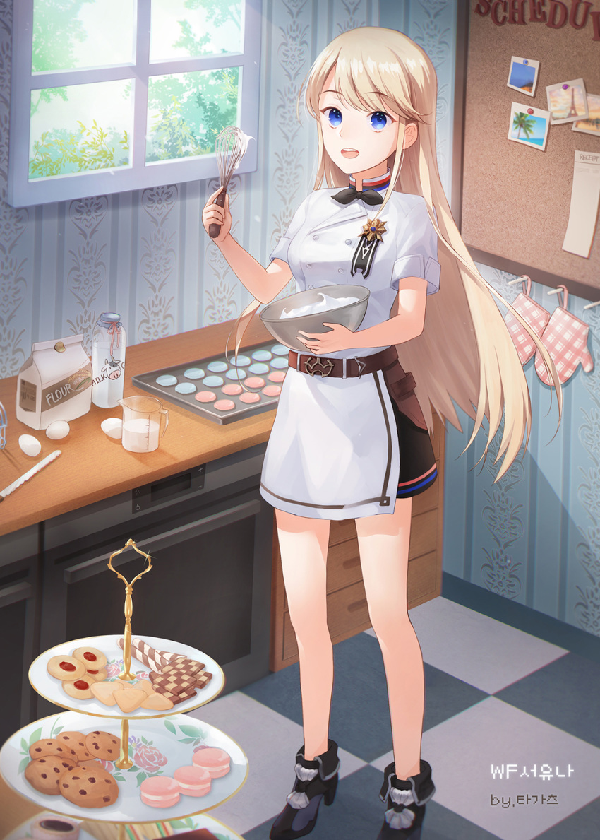 1girl, artist_name, black_bow, black_footwear, blonde_hair, blue_eyes, bow, bulletin_board