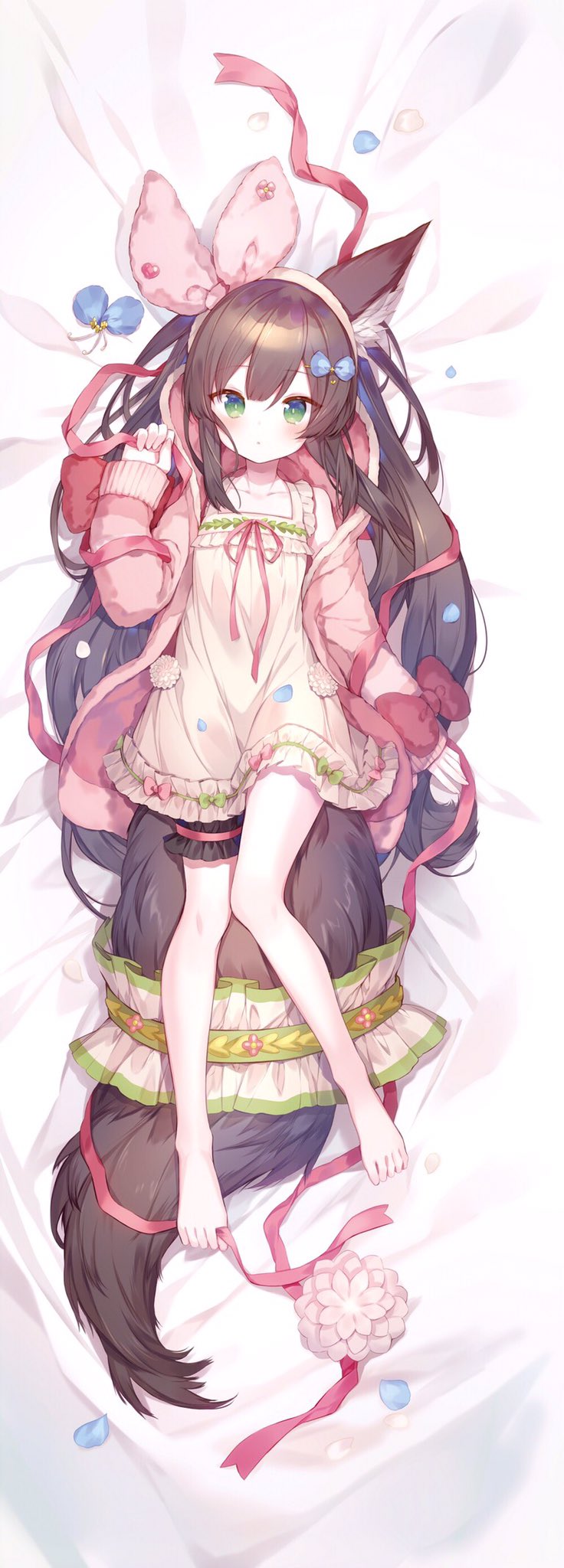 1girl, alternate_costume, animal_ears, brown_hair, chigusa_hana, chigusa_hana_channel, collarbone, dakimakura