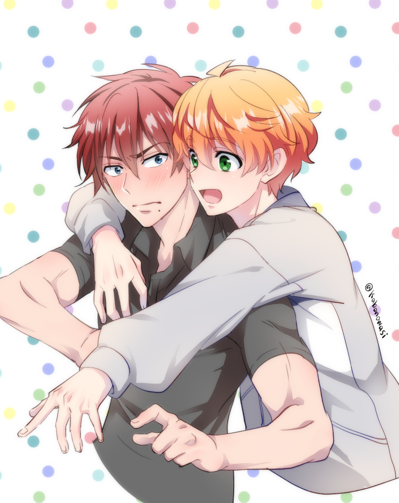 2boys, :d, black_shirt, blue_eyes, blush, brown_hair, green_eyes, hug, hug_from_behind, male_focus, mole, mole_under_mouth, multiple_boys, natzusa_yuzuki, number24, open_mouth, orange_hair, shirt, smile, t-shirt, twitter_username, white_background, yasunari_tsuru