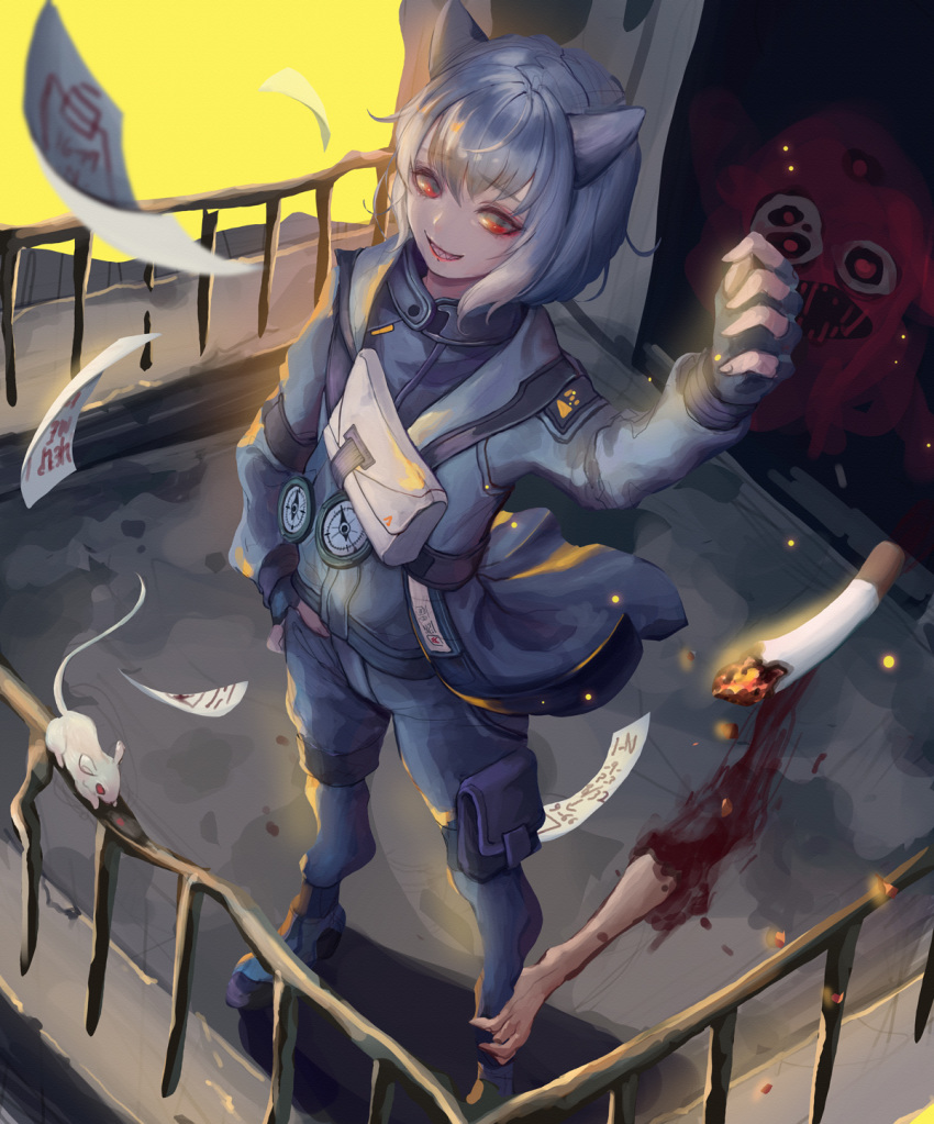 arai-san_mansion, arm_up, baekyawh, balcony, belt, blood, boots, cigarette