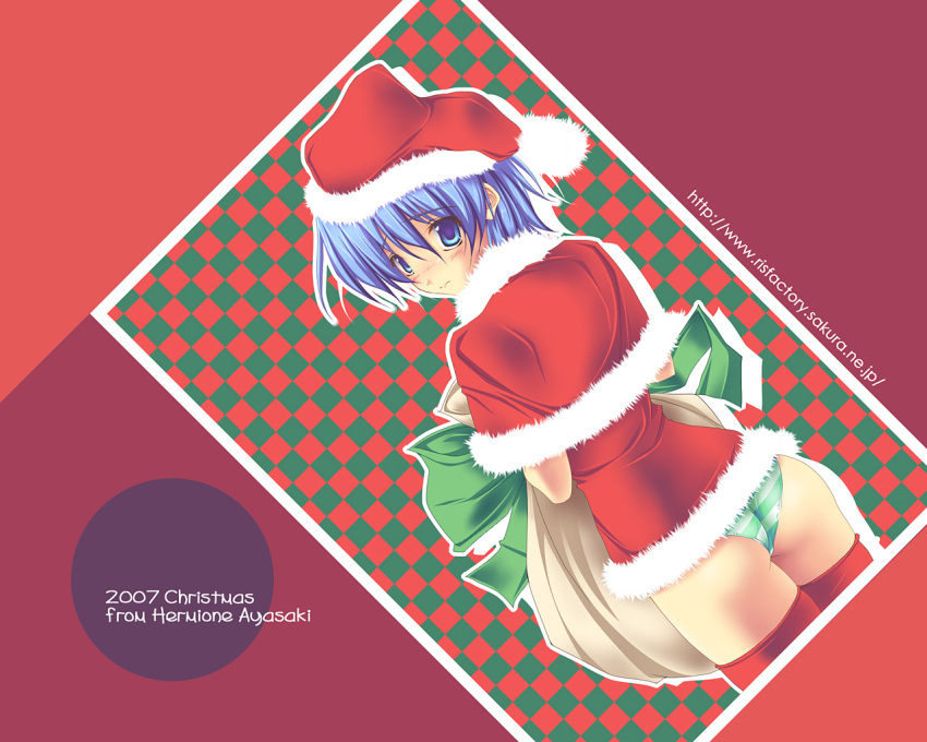 blue_eyes, blue_hair, blush, capelet, christmas, hermione_ayasaki, original, panties, ruschuto, santa_costume, striped, striped_panties, thigh-highs, thighhighs, underwear