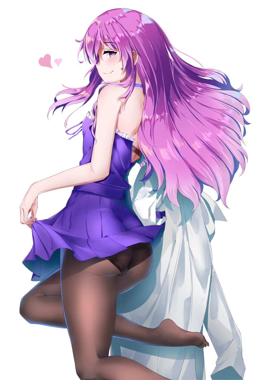 1girl, ass, black_legwear, blue_skirt, blush, coat, coat_removed, fang
