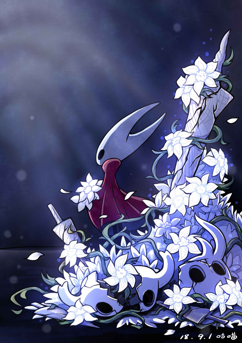 1girl, absurdres, cloak, commentary, crack, cracked_mask, flower, highres